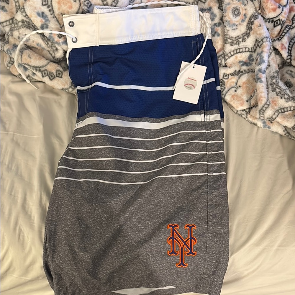 NY Mets Blue and Gray Striped Swim Shorts